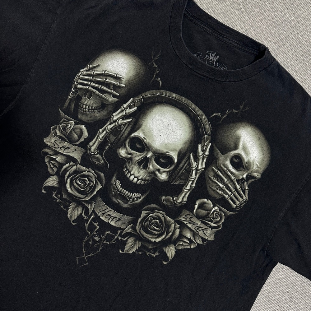 OG Abel See Hear Speak No Evil Skull Rose Graphic Tee Black Chicano Art 2XL